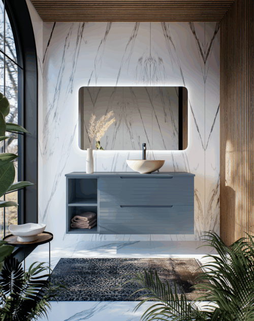 alt="Meuble salle de bain Biarritz suspendu 2 tiroirs + niche"