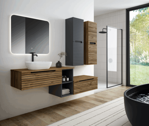 alt="Meuble salle de bain Bogota suspendu 2 tiroirs avec niche"