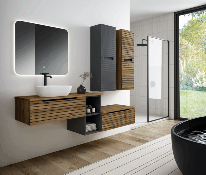 alt="Meuble salle de bain Bogota suspendu 2 tiroirs avec niche"