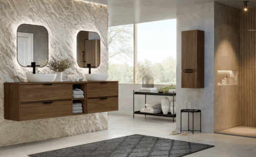 alt="Meuble salle de bain Féroé suspendu 4 tiroirs avec niche"